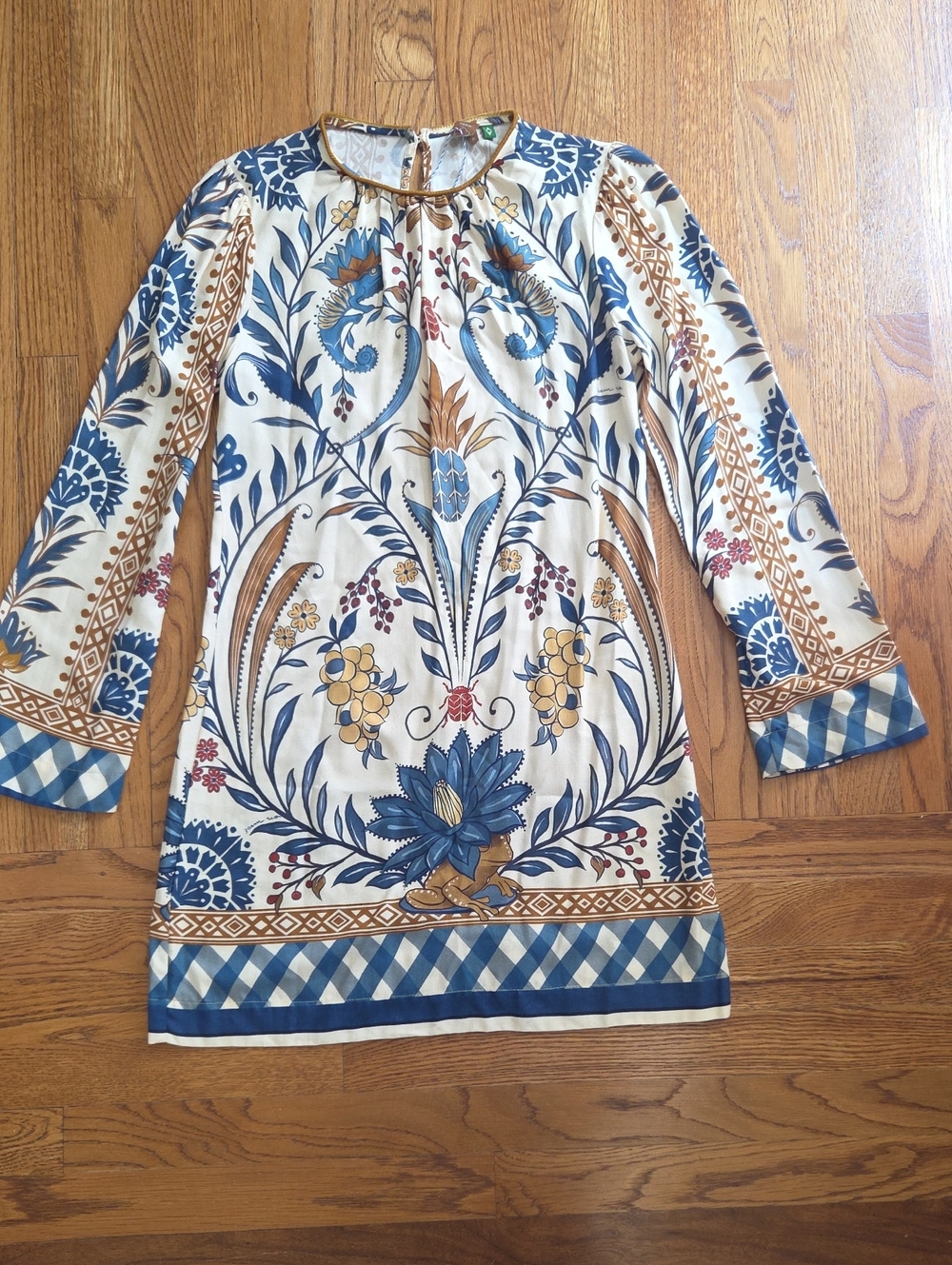 NWOT FARM Rio Cream Mini Dress with Blue and Tan Floral Motif